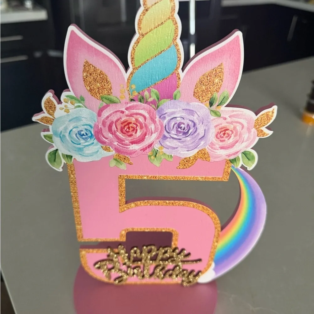 Unicorn Rainbow Number 5 Birthday Centerpiece - Pink